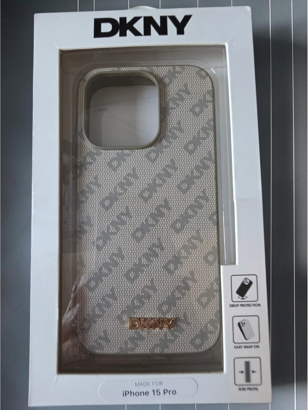 DKNY Protective Phone Case for iPhone 15 Pro in Beige with Logo